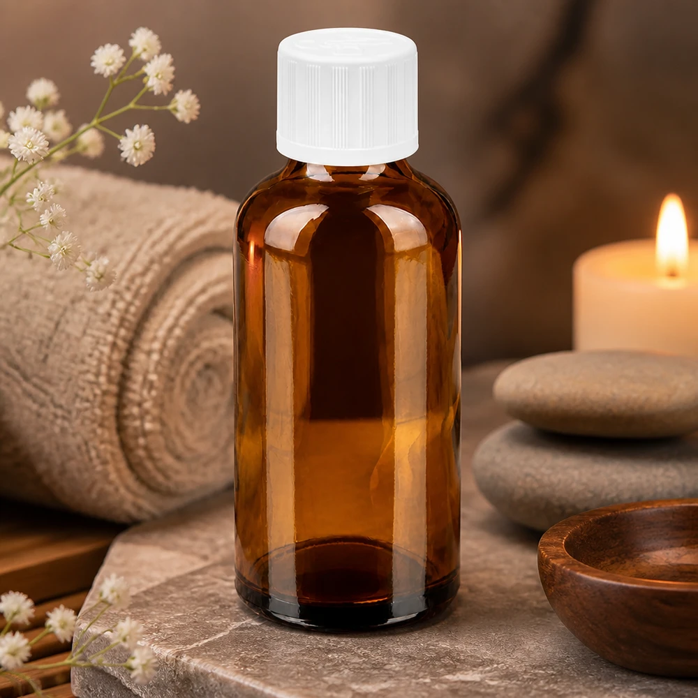 Botella 50ml 11mm tapón rosca blanco con precinto estándar BrownLine UT18/50 Frasco de cristal con protección UV de 50 ml en tonos marrones con tapón blanco para sustancias sensibles a la luz