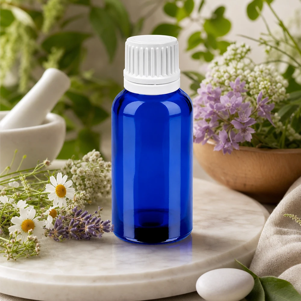 Frasco pequeño de farmacia de 30 ml en azul con gotero de 0,7 mm para remedios naturales