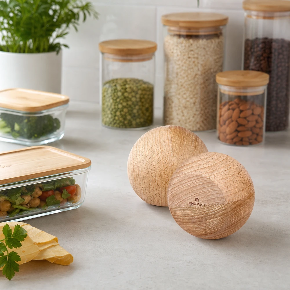 UNiTWIST bola de madera (haya) para WECK RR80 UNiTWIST Holzkugeln aus Buche im Küchenambiente - nachhaltige Aufbewahrung mit WECK Gläsern und Vorratsdosen