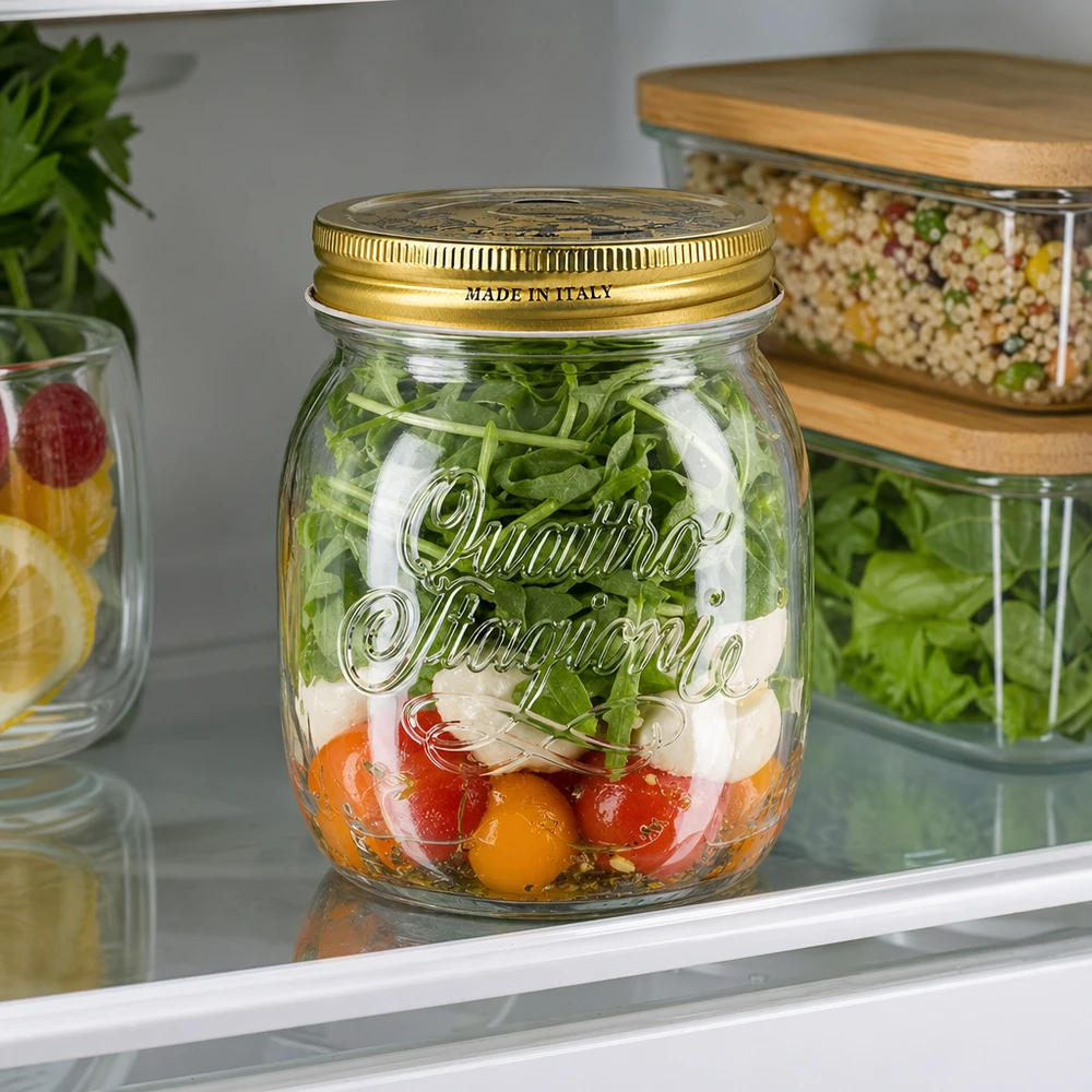 Tarro redondo "Quattro Stagioni" de 700 ml con tapa Quattro Stagioni Tarro de conserva de 700 ml lleno de ensalada en la nevera Tarro italiano para la preparación de comidas e ingredientes frescos