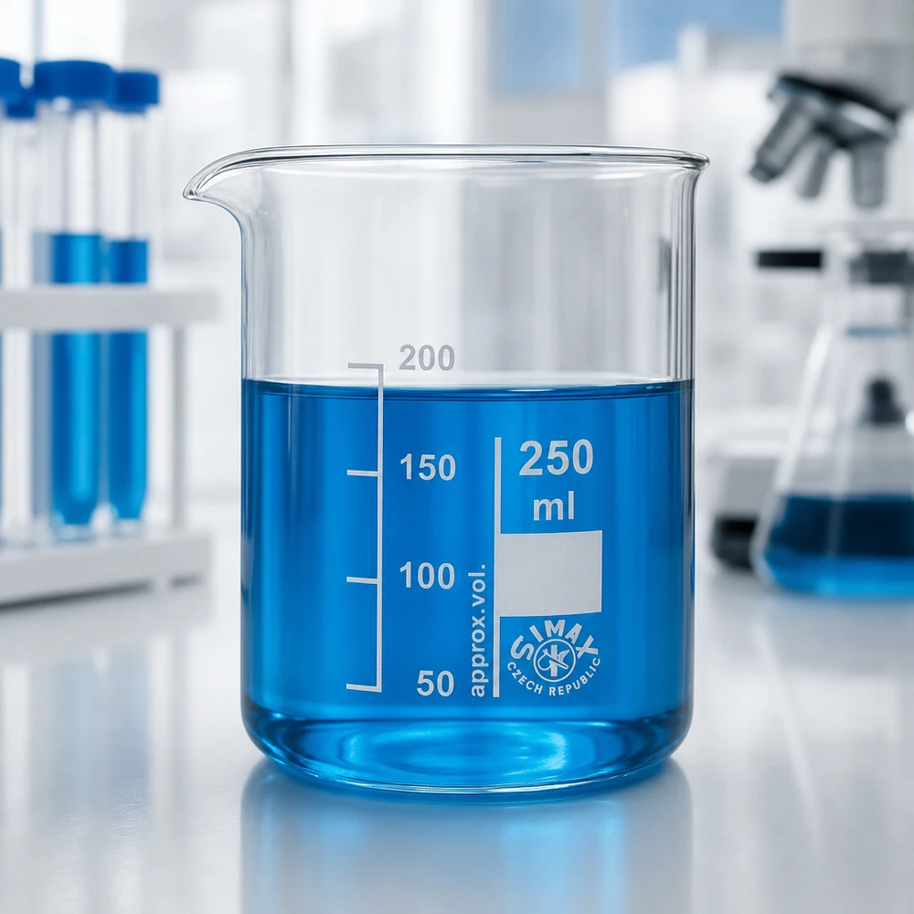 Vaso de vidrio borosilicato de 250 ml con líquido azul y marcas de volumen claramente visibles