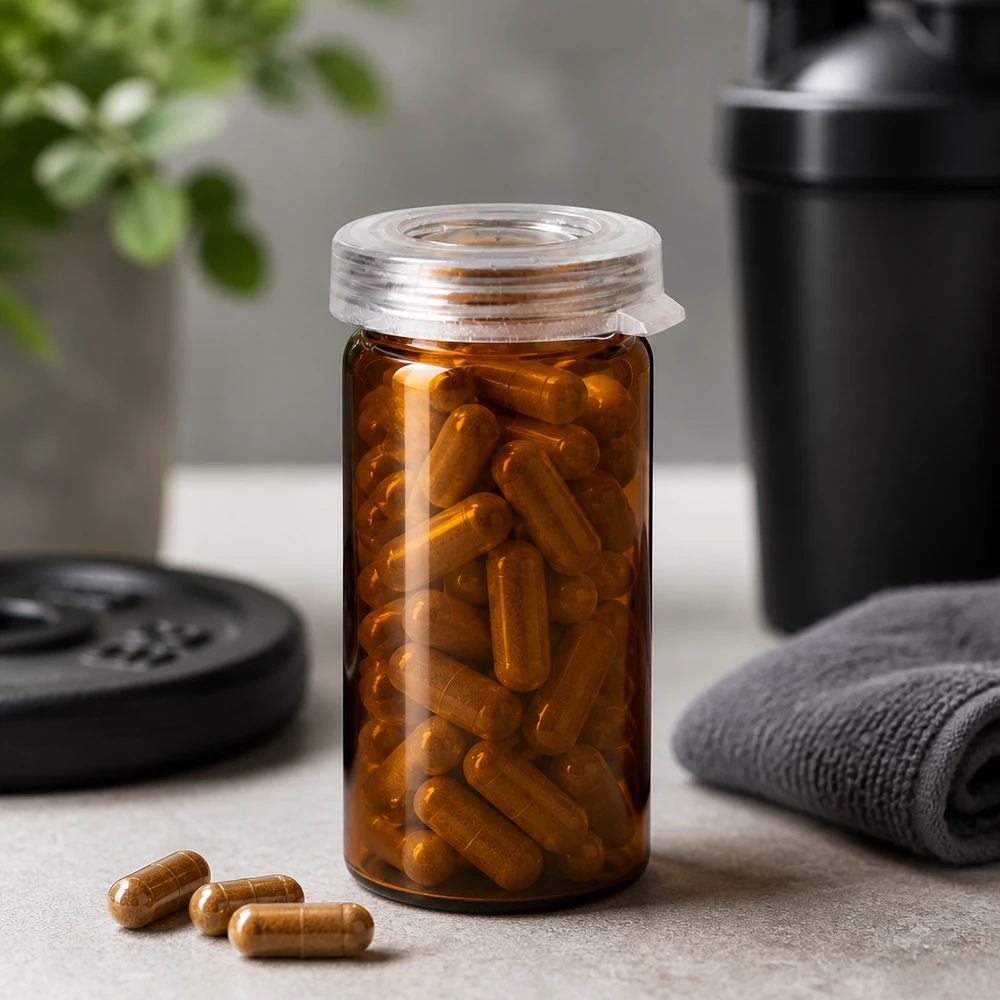 Tarro con reborde de 5 ml con tapa a presión Vaso de cristal con borde ondulado de color ámbar de 5 ml con cápsulas de fitness de color marrón dorado junto a un disco de mancuerna y una botella para batidos
