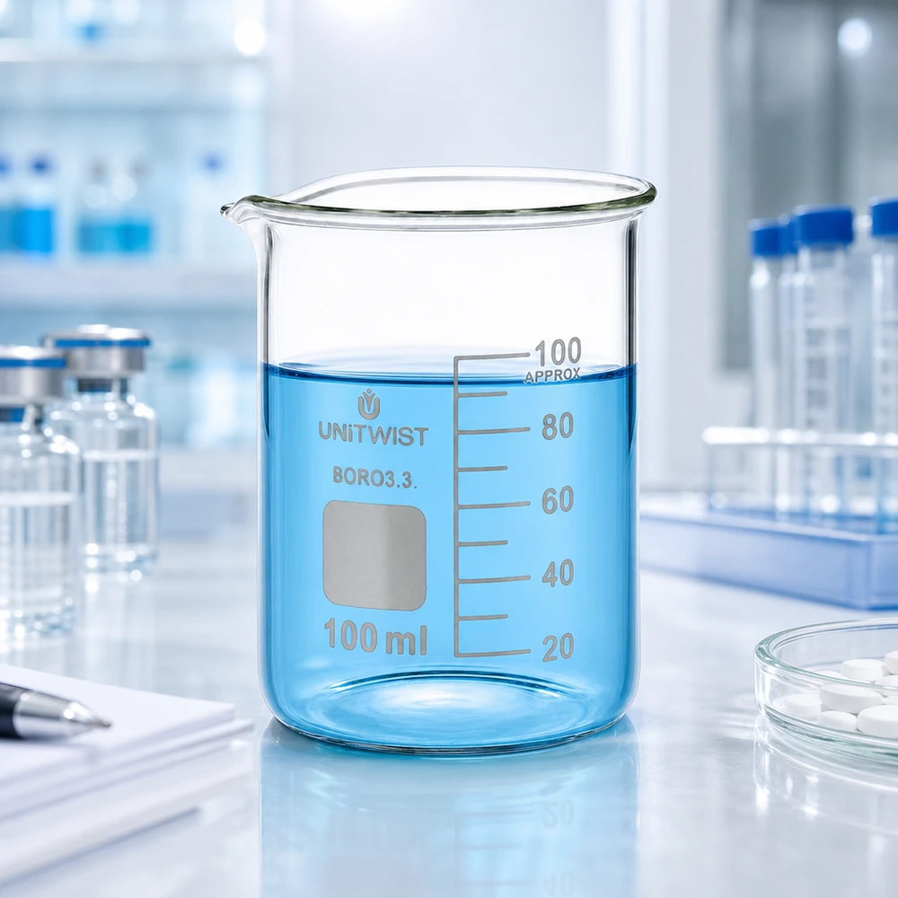 Vaso 100 ml borosilicato, molde bajo UNiTWIST Vaso de precipitados graduado de 100 ml UNiTWIST Boro 3.3 con pico vertedor, de forma baja