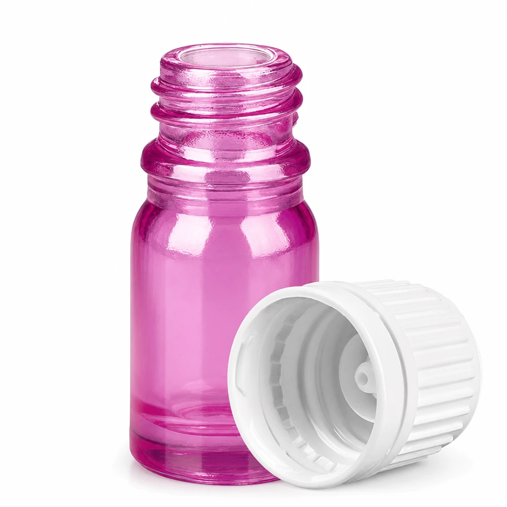 Frasco pequeño de vidrio violeta de 5 ml con tapón blanco abierto para aromaterapia y cosmética