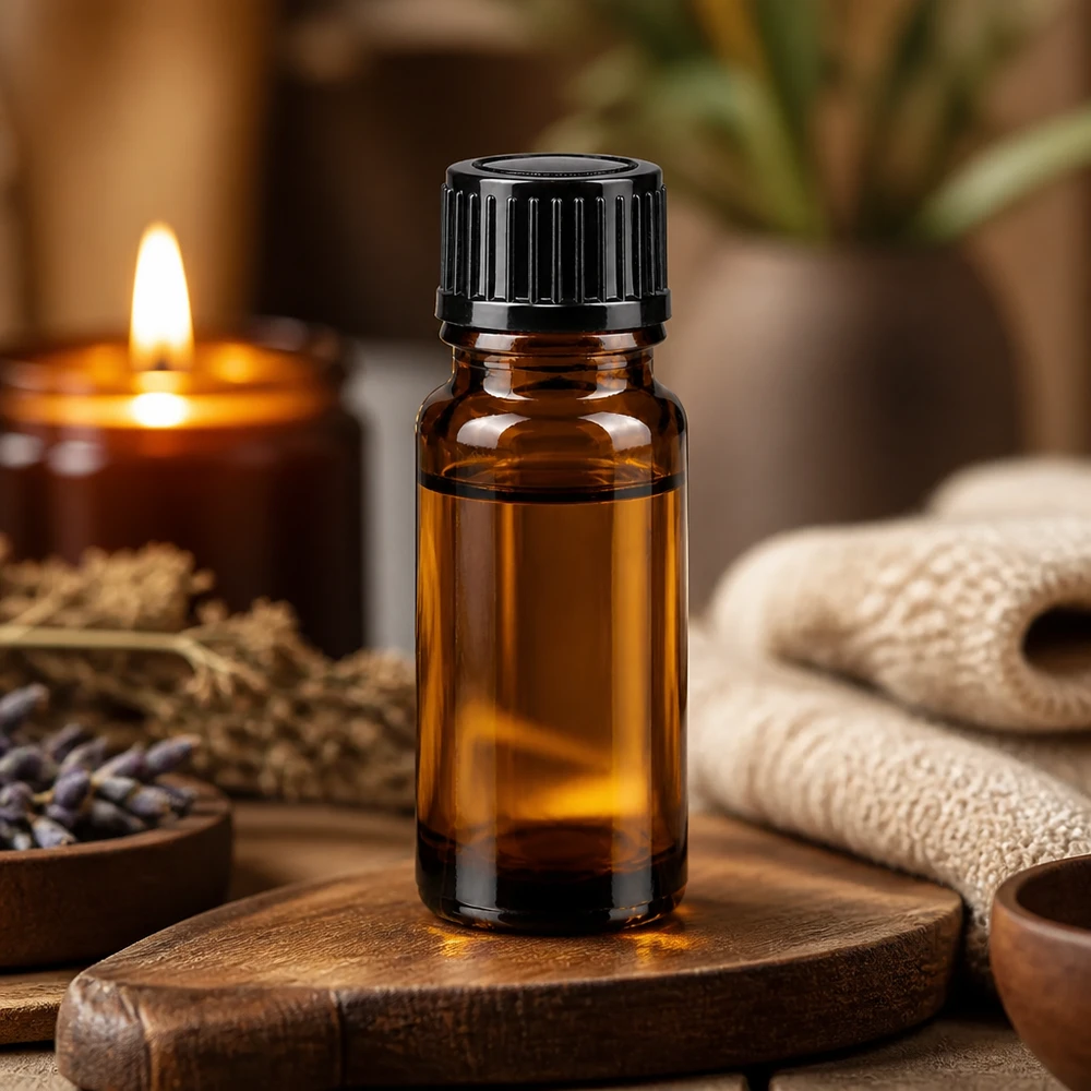 Botella de farmacia marrón 10ml tapón cuentagotas 1mm negro estándar Frasco de aceite esencial de 10 ml de vidrio ámbar con tapón de seguridad negro para niños, sobre una tabla de madera