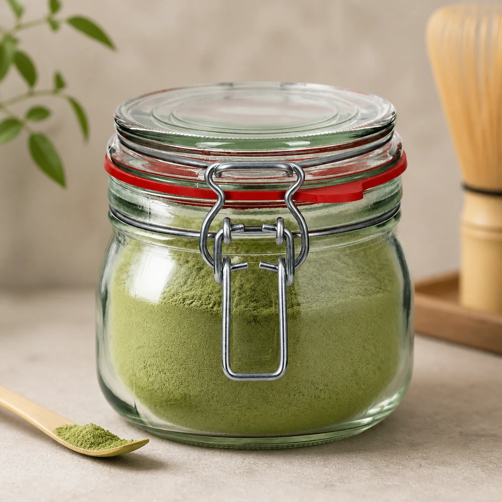 Tarro con tapa abatible de 634 ml lleno de polvo de matcha verde para una frescura óptima