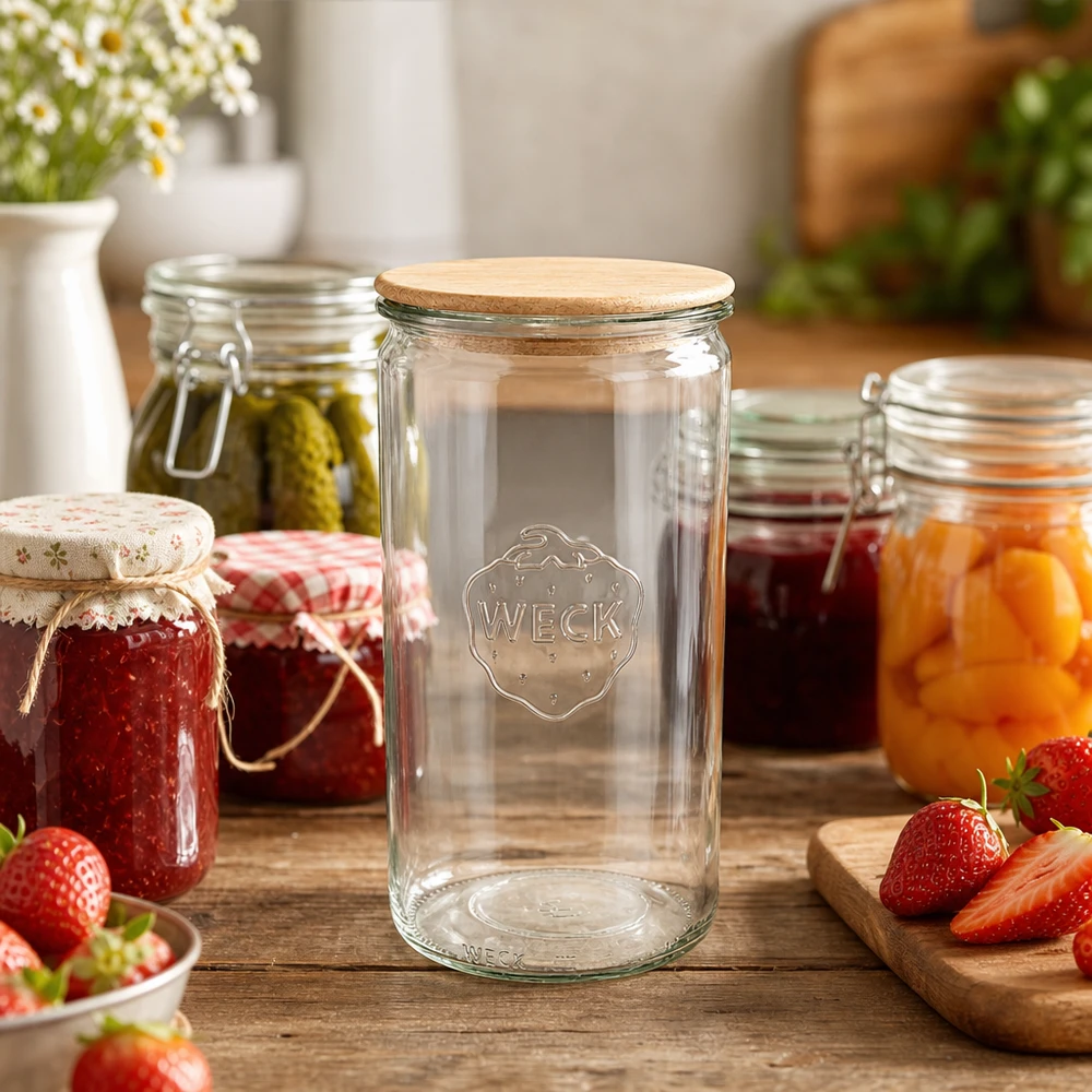 Tarro de conserva WECK 1590ml RR100 en escena de cocina con mermelada y fresas frescas sobre mesa de madera
