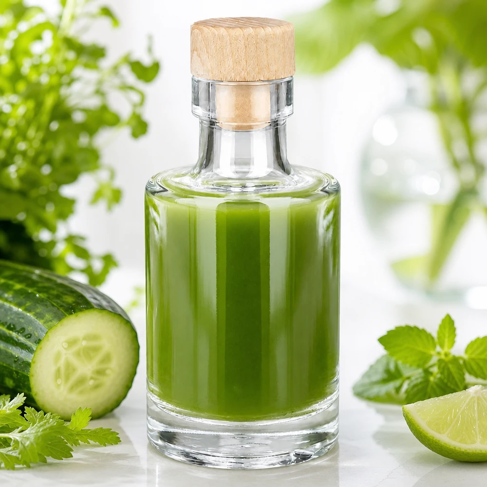 Botella de vidrio de 100 ml «Marie» con tapón de corcho con asa de madera UNiTWIST® 100 ml botella de vidrio Marie con corcho de madera llena de batido verde junto a pepino lima y hierbas frescas configuración