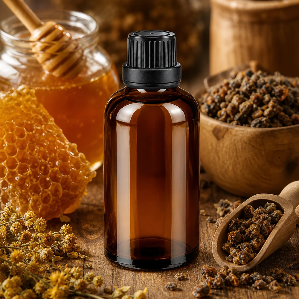 Frasco de farmacia de vidrio ámbar de 50 ml con tapón de rosca negro, junto a pan de abeja, miel y propóleo