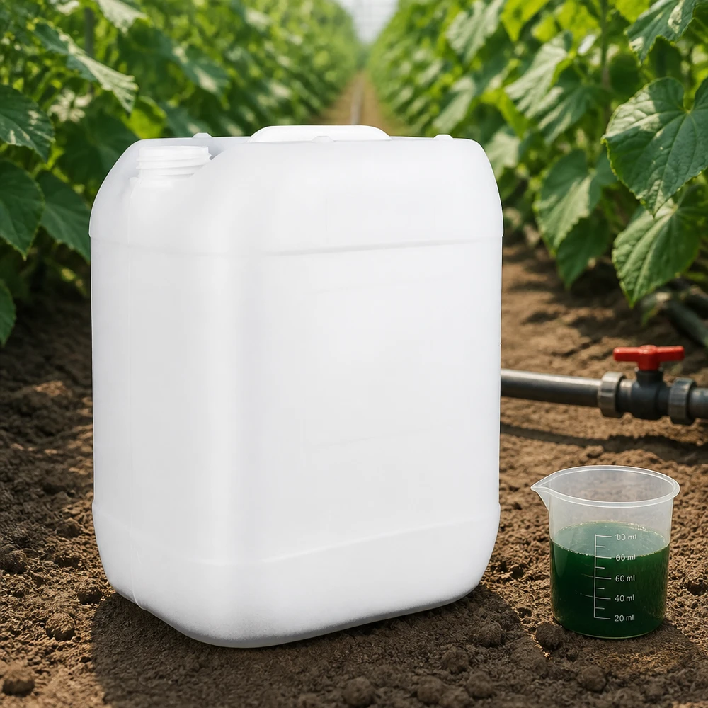 Concentrado de abono para plantas de color verde en un vaso medidor junto a un bidón de 20 litros sin tapón en el invernadero