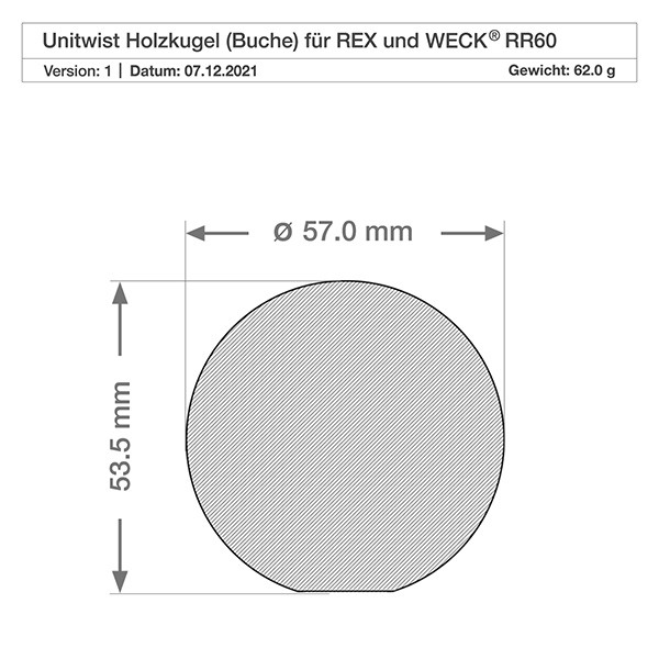 Botella para zumo de 530ml WECK RR60 con bola de madera de haya Dibujo técnico madera de haya tapa de bola WECK RR60 tarro 600ml dimensiones 57mm diámetro 63,5mm altura peso 62g