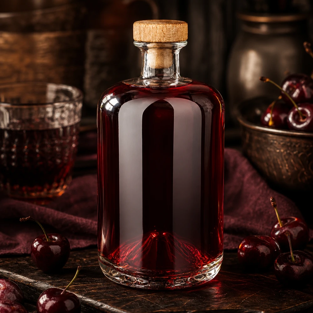 Botella de farmacia de 700 ml «Sofia» con tapón de corcho con asa de madera UNiTWIST® Elegante 700ml Glasflasche Sofia mit Holzkorken gefüllt mit rotem Kirschlikör auf rustikalem Holztisch mit Kirschen