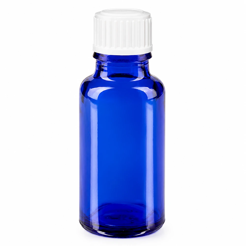 Botella de farmacia azul 20ml tapón de rosca blanco estándar Frasco de farmacia de cristal azul de 20 ml con tapón de rosca blanco de 11 mm
