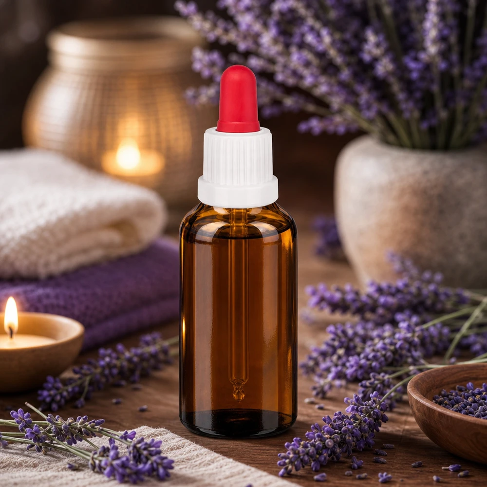 Pequeño frasco de vidrio de 30 ml con punta de pipeta roja para aplicaciones de aromaterapia y cuidado de la piel