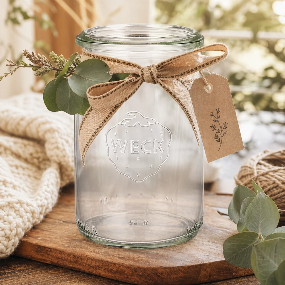 Tarro cilíndrico de 145ml WECK RR40 WECK tarro cilíndrico 145ml RR40 con cinta y colgante rústico decorado sobre tabla de madera con eucalipto