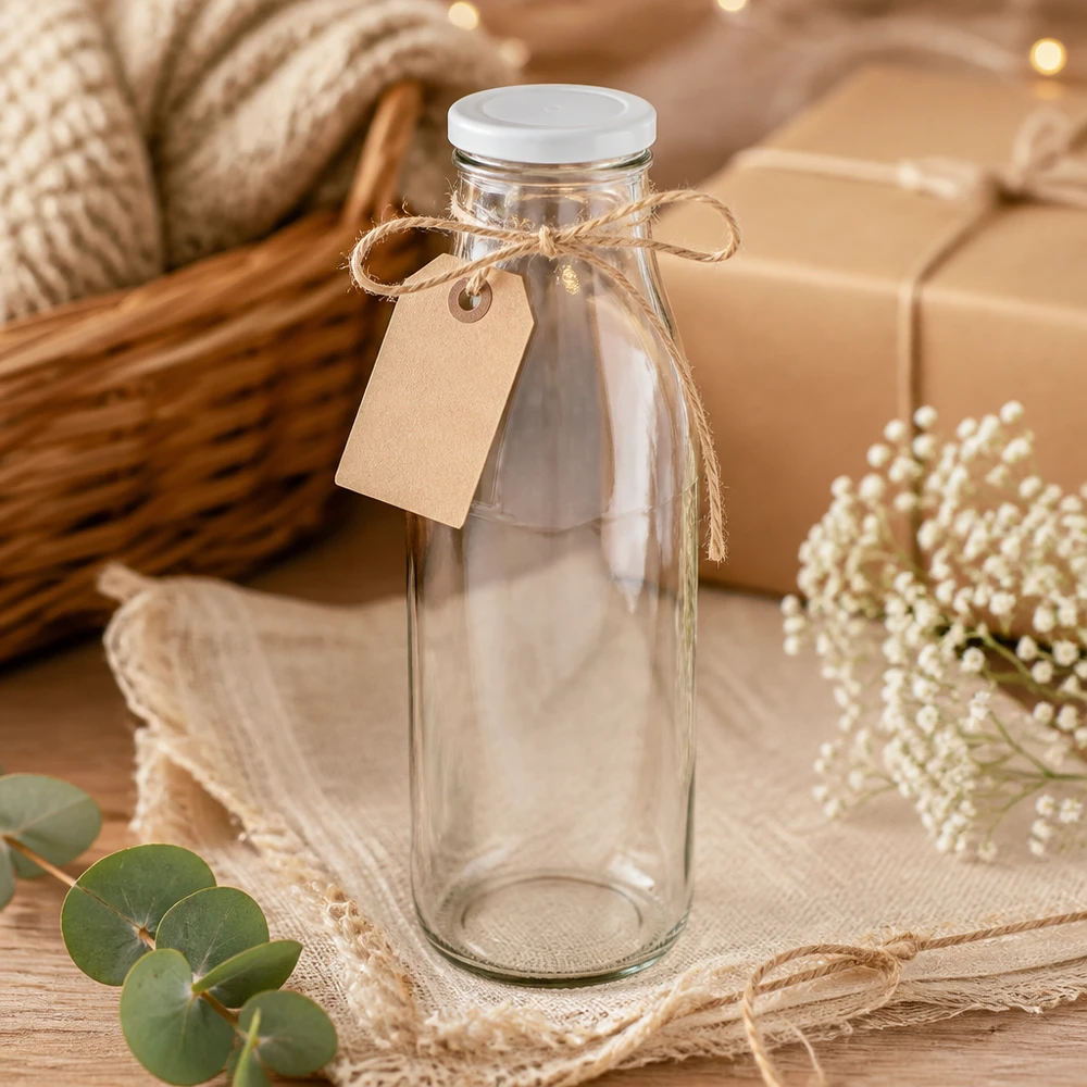 Botella de cristal de 500 ml con tapa blanca decorativa con cordón de yute y colgante de diseño rústico para regalo