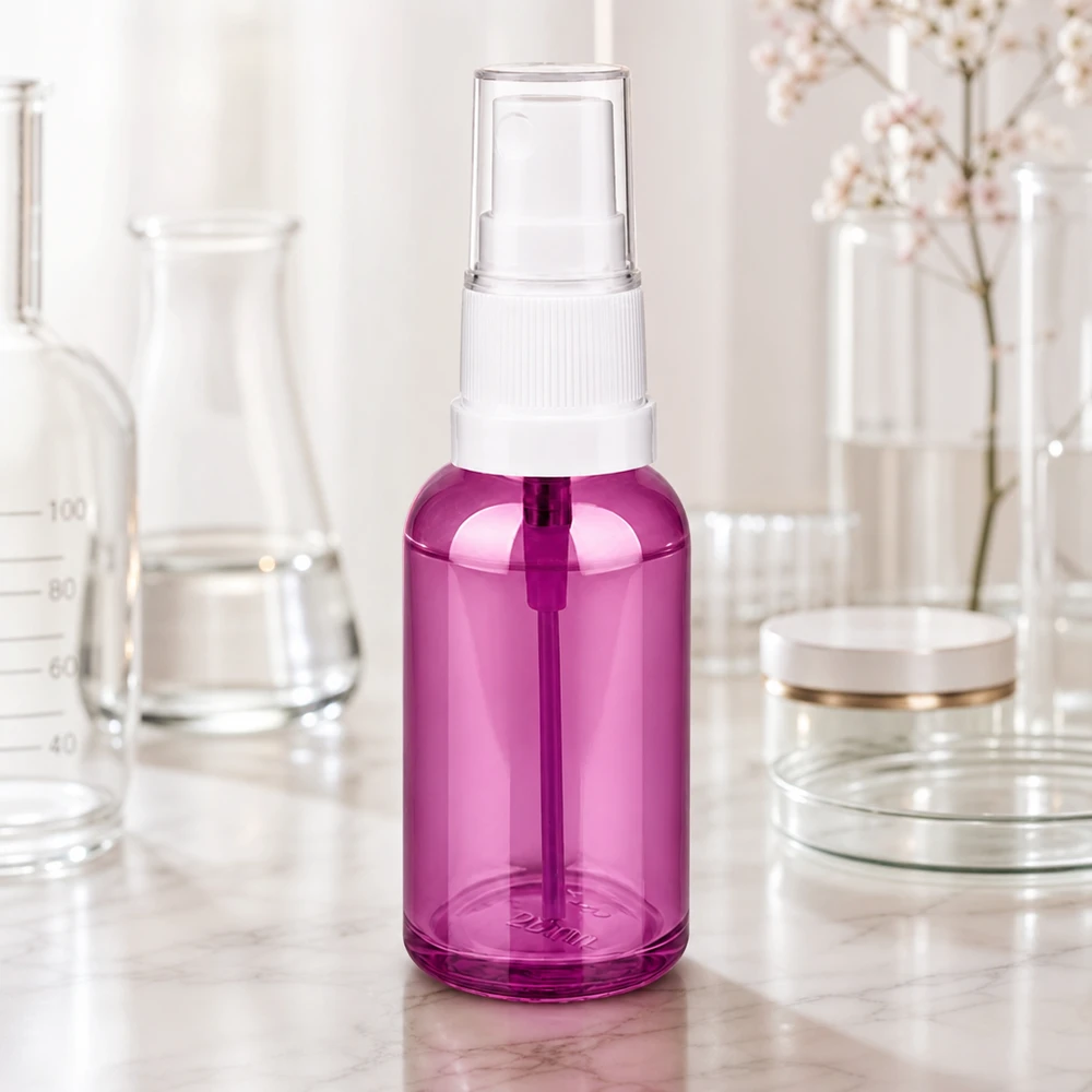 Pulverizador morado de 30 ml de vidrio de alta calidad con práctico sistema de pulverización por bombeo