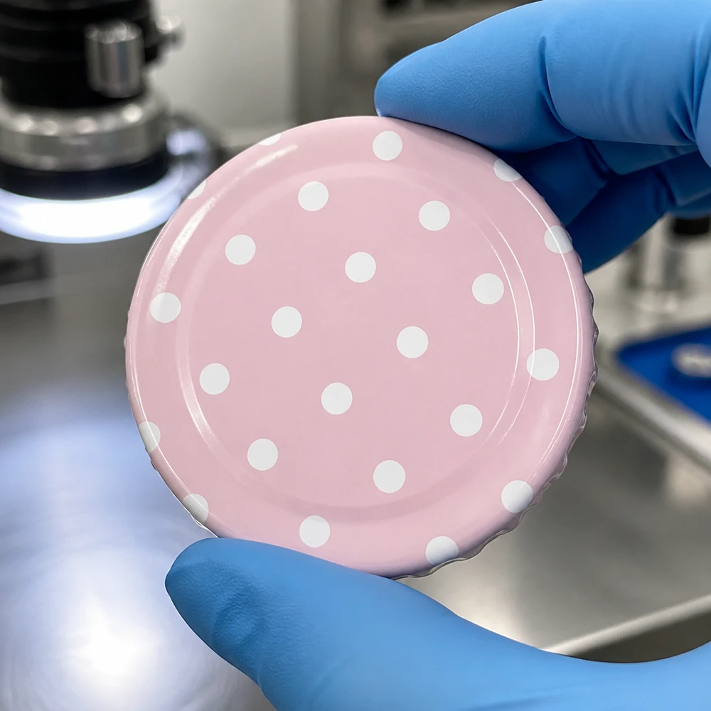 Tapa BasicSeal de 58 mm, puntos rosa mate (TO58) UNiTWIST Tapa metálica brillante de 58 mm con lunares rosas BasicSeal TO58, con guantes de laboratorio, control de calidad