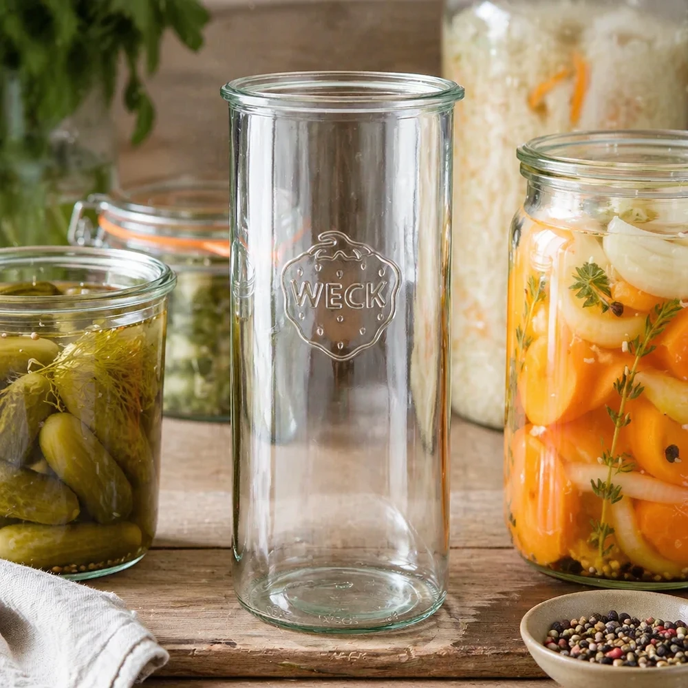 Tarro de cristal de 1500 ml WECK RR100 WECK RR100 1500ml mason jar vacío junto a tarros llenos de verduras y especias sobre una mesa de madera