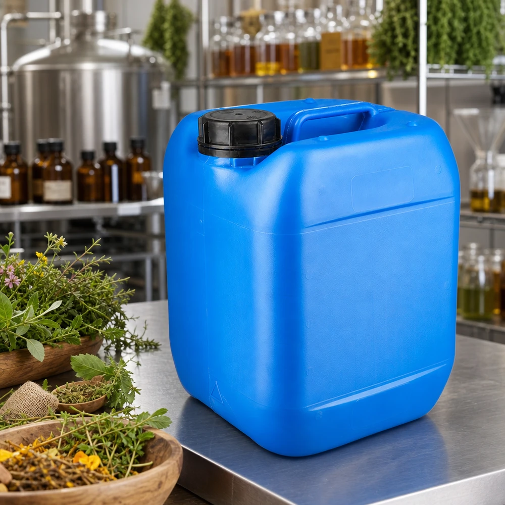 Bidón azul de 5 litros apto para alimentos, con tapón de rosca OV y asa de transporte resistente