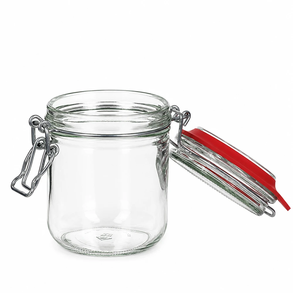 Tarro de cristal de 400 ml, tipo G, con cierre de clip UN.. Tarro de cristal transparente de 400 ml con cierre de goma roja y clip metálico para un almacenamiento hermético