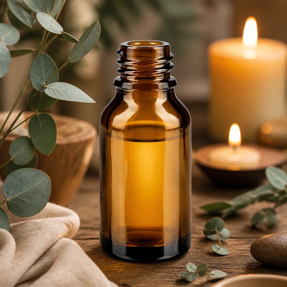 Botella de vidrio marrón ApoGlas de 15 ml vacía sobre mesa de madera con velas de eucalipto y toalla Ambiente de aromaterapia