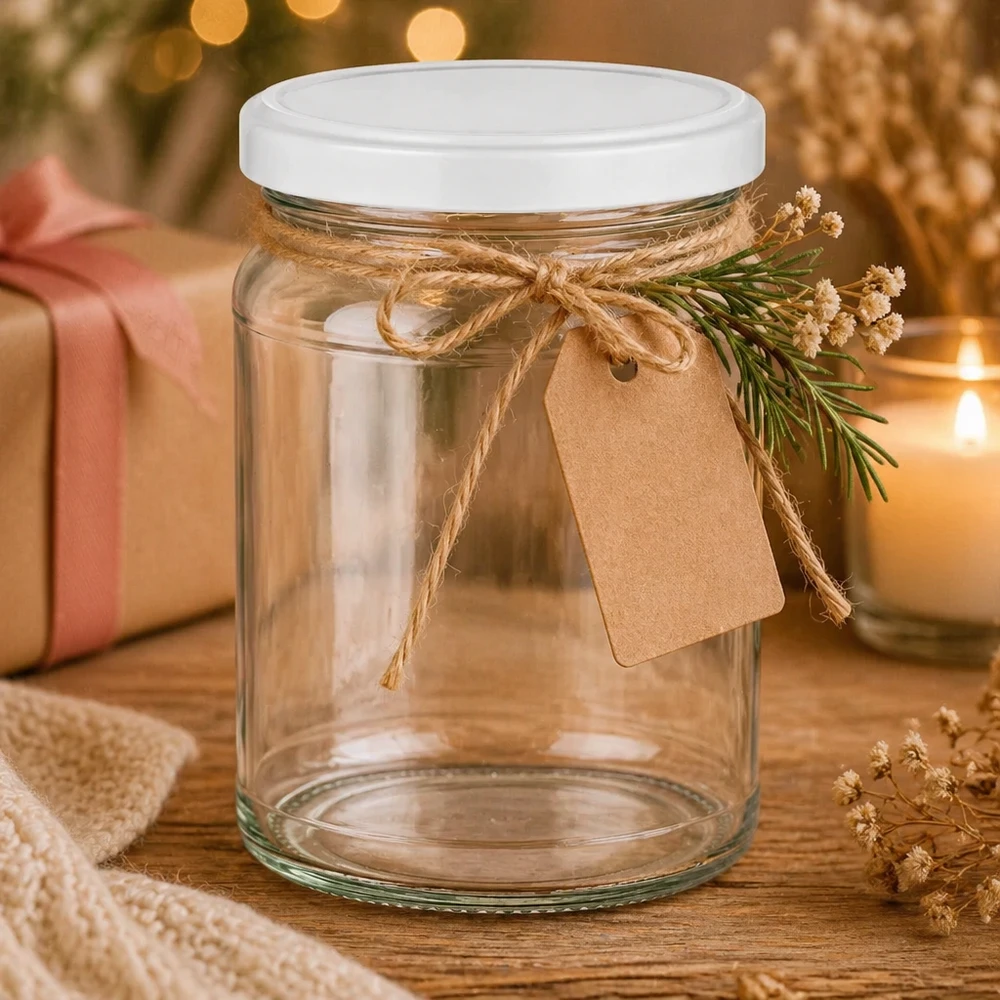 Tarro redondo de 205ml con tapa BasicSeal blanco UNiTWIST 205ml Rundglas mit weißem Deckel als Geschenkverpackung dekoriert mit Juteschnur und Geschenkanhänger