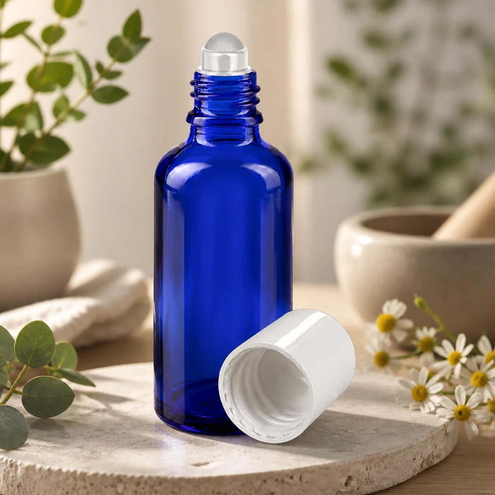 Frasco de cristal azul de 50 ml con aplicador de bola y tapón blanco sobre una piedra natural, con una decoración de hierbas como fondo