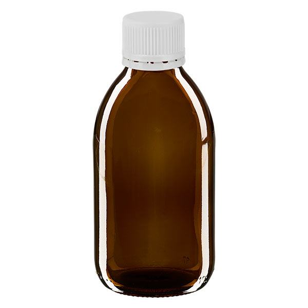 Frasco medicamento 250ml marrón, tapón blanco con precinto de seguridad ApoGlas Frasco medicamento 250ml marrón, tapón blanco con precinto de seguridad ApoGlas