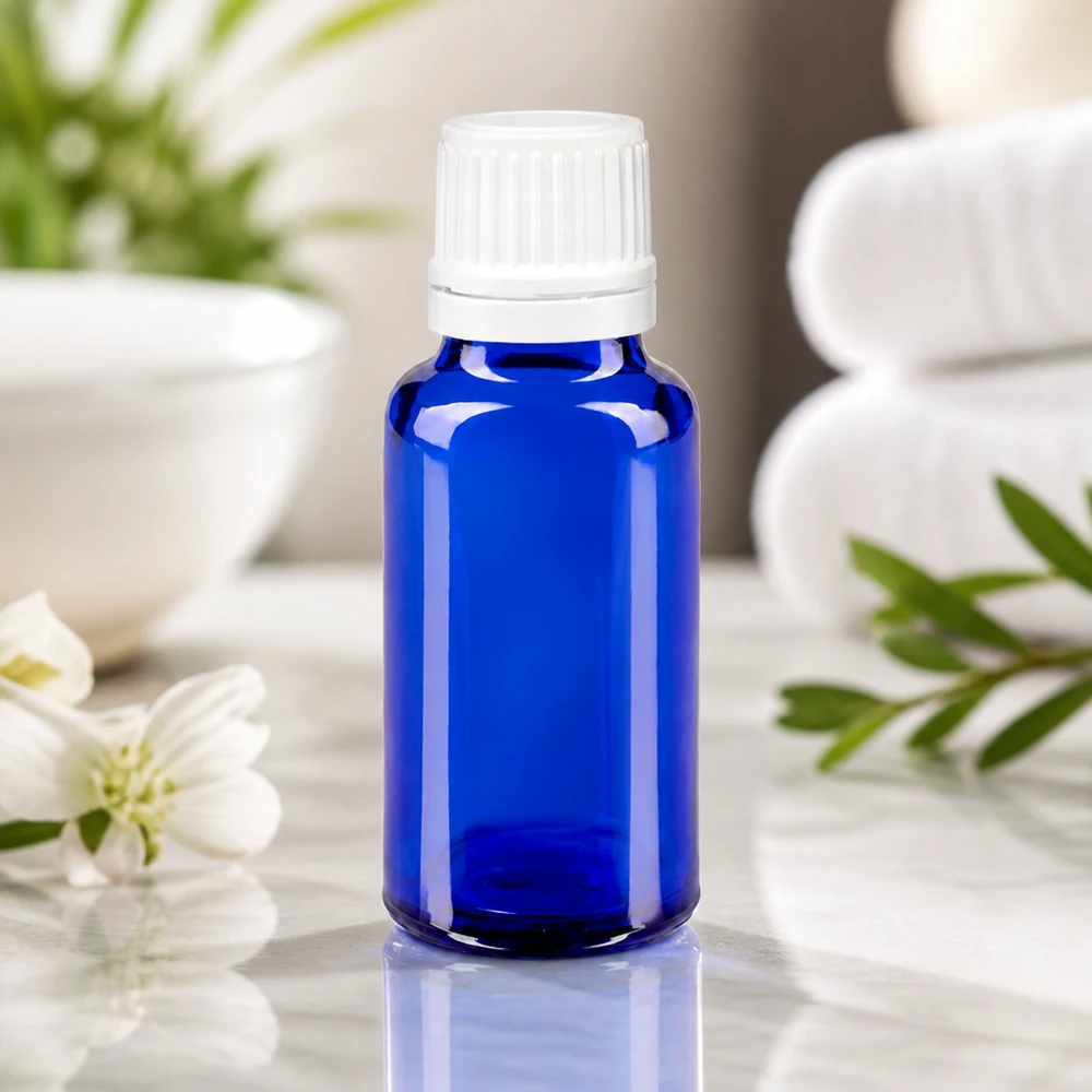 Botella de farmacia azul 20ml tapón cuentagotas 1.2mm cierre inviolable blanco Pequeño frasco de 20 ml de cristal azul de farmacia con tapón blanco a prueba de niños y dosificador