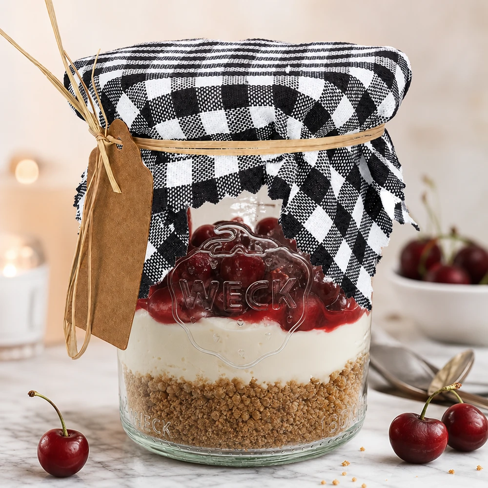 Alfombra de tela para bisutería a cuadros negros 12cm cuadrado Vichy tela a cuadros doily blanco y negro en tarro de postre con cerezas, tapa tarro decorativo 12cm cuadrado