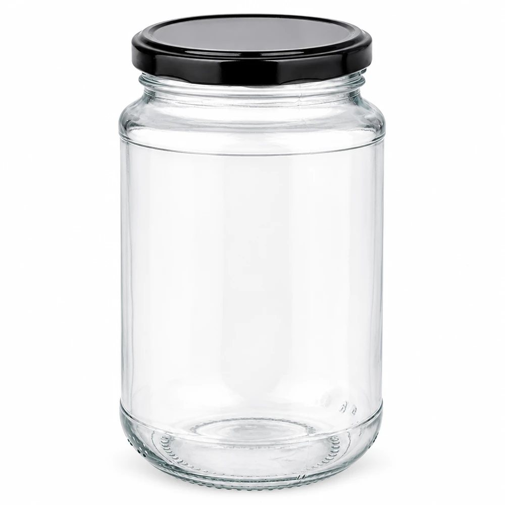 Tarro de cristal redondo de 320 ml + BasicSeal negro UNiTWIST Frasco redondo de cristal de 320 ml con tapa BasicSeal Twist-Off negra de UNiTWIST, vacío y transparente