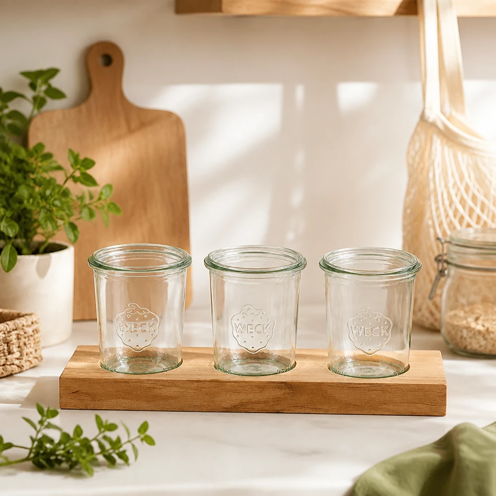 Tres vasos vacíos Weck de 160 ml sobre tabla de servir de bambú Plano3 en decoración de cocina escandinava con plantas