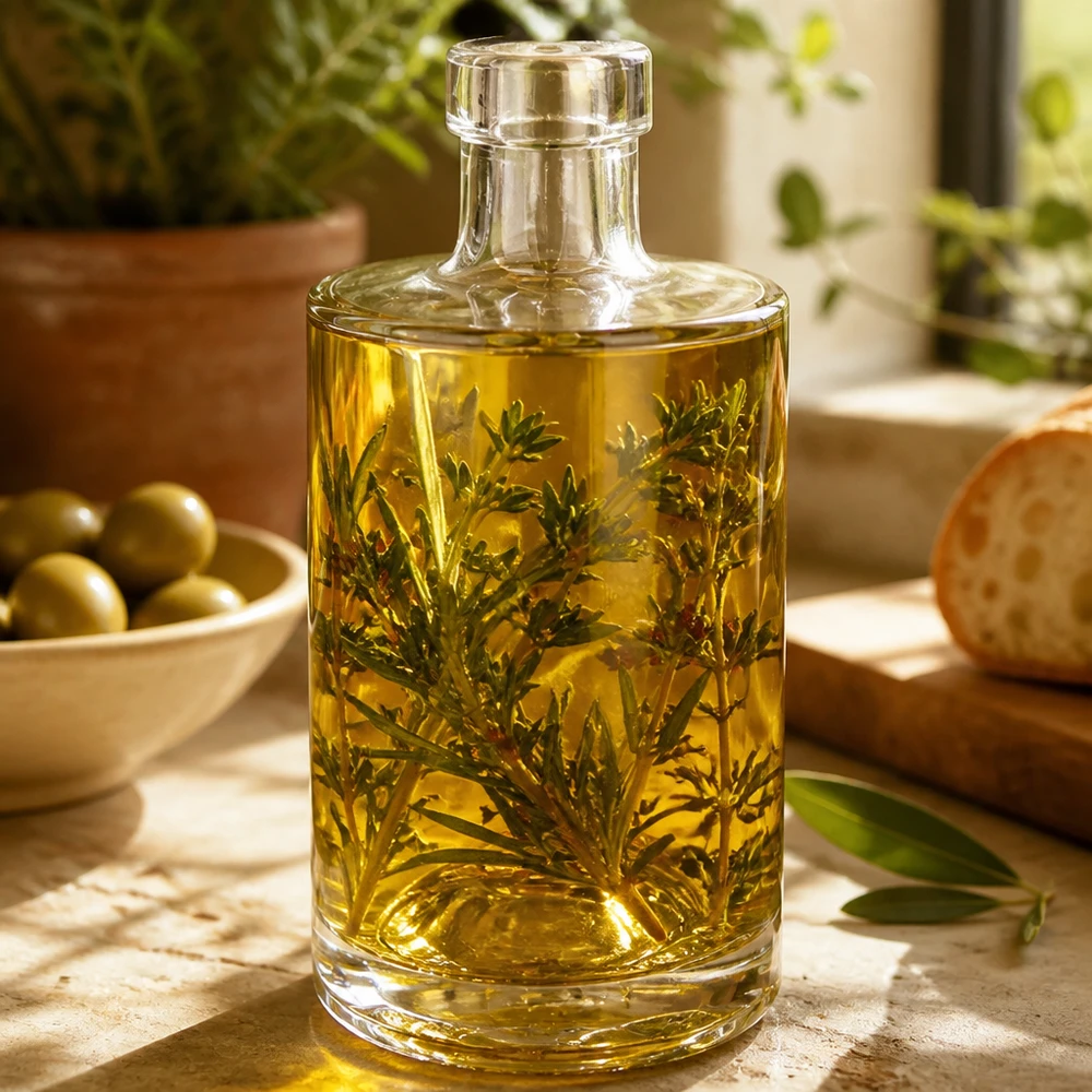 Botella de vidrio de 350 ml «Marie» sin tapón UNiTWIST® 350ml glass bottle Marie filled with herb oil rosemary sprigs decorative application example kitchen Image 2 of 10