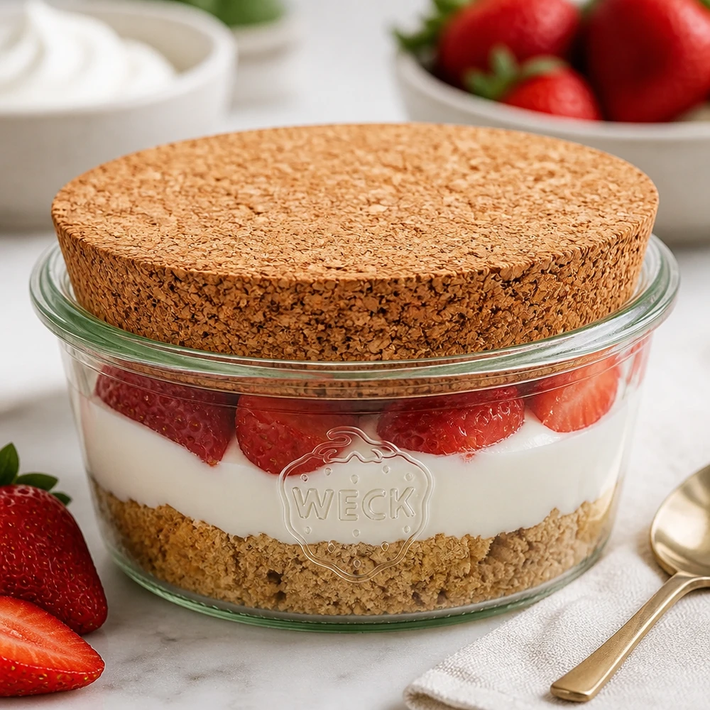 Tarro bajo de 290ml WECK RR100 con corcho natural Vaso WECK 290ml RR100 con corcho natural como tarro de postre para tiramisú relleno de fresas