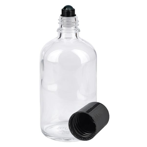 Botella de farmacia transparente 100ml tapón roll-on negro Botella de farmacia transparente 100ml tapón roll-on negro