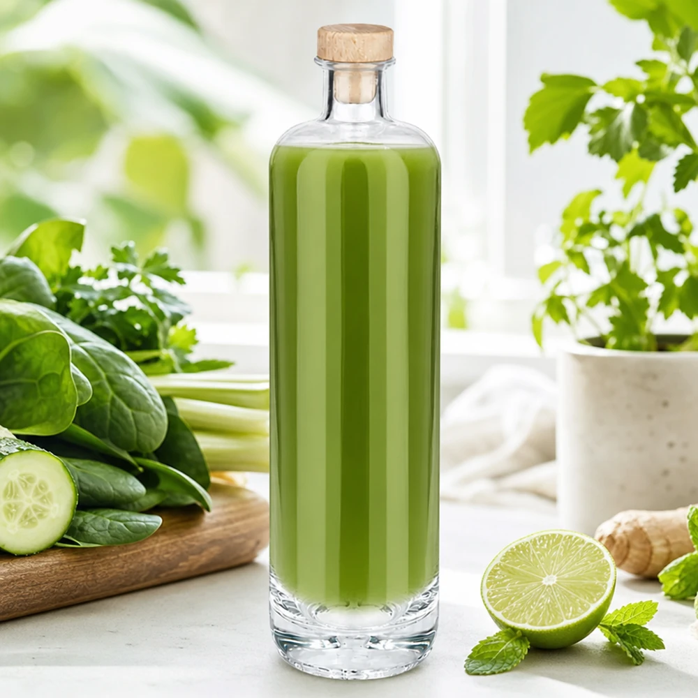 Botella de cristal de 700 ml de Ella rellena de batido verde y tapón de madera entre pepino fresco, lima y hierbas