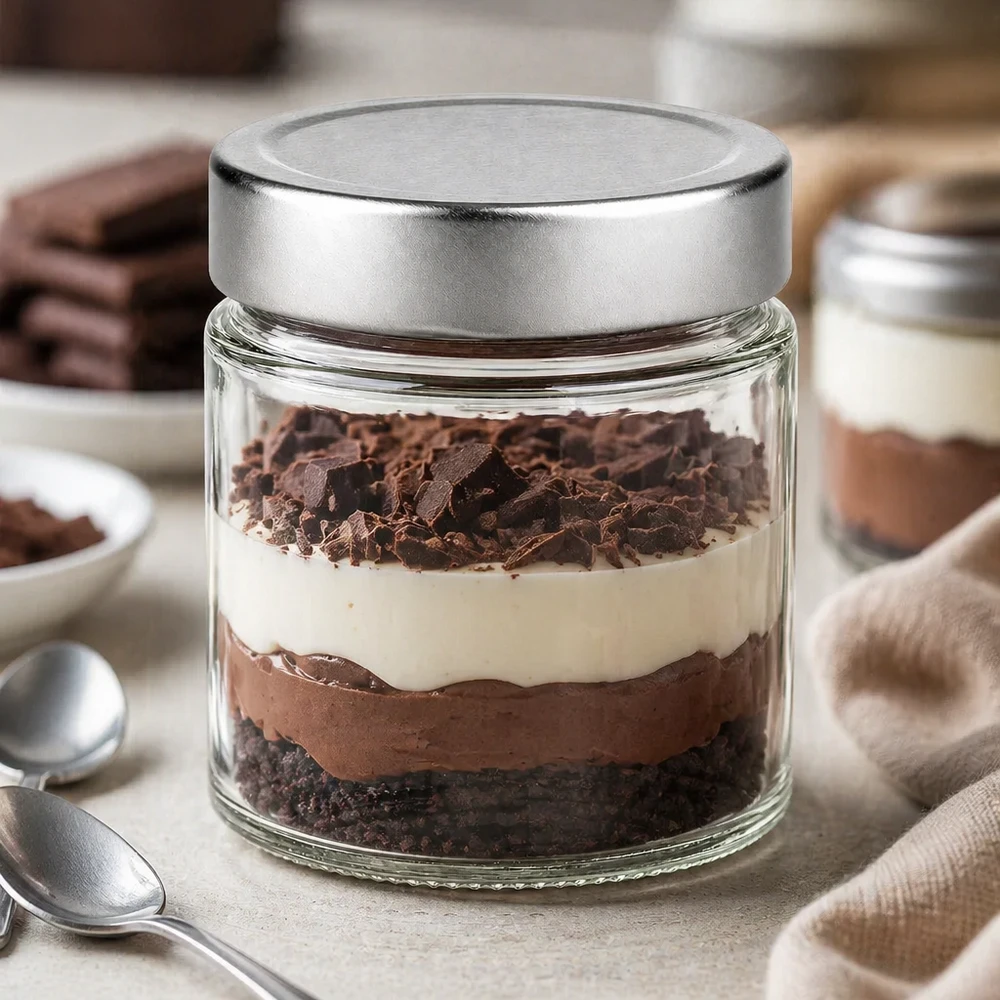 Tarro redondo de 135 ml + tapa BasicSeal plateada profunda UNiTWIST 135ml tarro redondo tapa plateada postre tiramisú capas postre cocina tarro de postre tarro de almacenaje BasicSeal