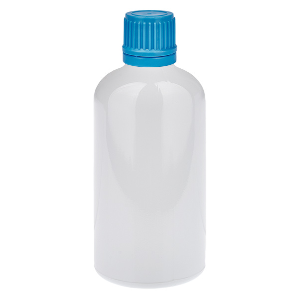Botella de 100 ml con tapón de rosca azul de 11 mm, tapón de seguridad WhiteLine UT18/100 Botella de 100 ml con tapón de rosca azul de 11 mm, tapón de seguridad WhiteLine UT18/100