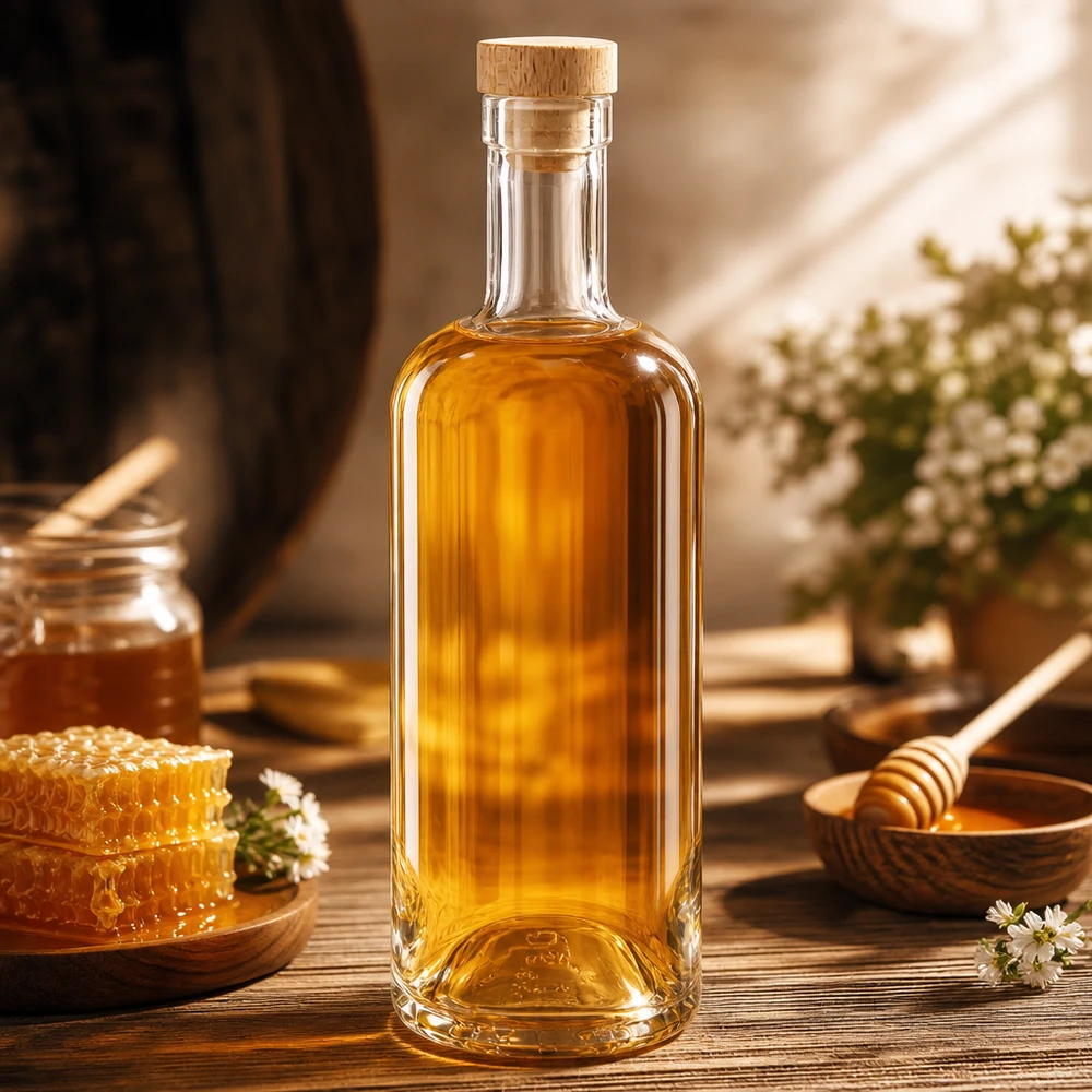Botella de vidrio de 750 ml «Emma» con tapón de corcho con asa de madera UNiTWIST® Glasflasche Emma 750ml mit Holzkorken gefüllt mit Honig in rustikaler Küche mit Bienenwaben und Honigzubehör