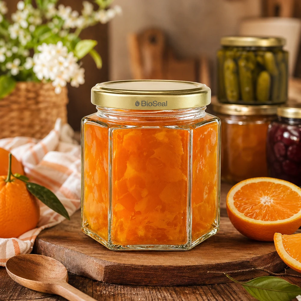 BioSeal 520g tarro de miel hexagonal con mermelada de naranja sobre tabla de madera rodeado de naranjas frescas y decoración de cocina