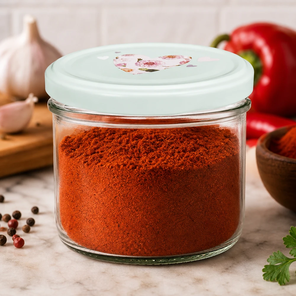 230ml tarro cilíndrico + tapa BasicSeal corazón menta 230ml Zylinderglas mit mint BasicSeal Deckel gefüllt mit Paprikapulver, ideal für Gewürzaufbewahrung in der Küche