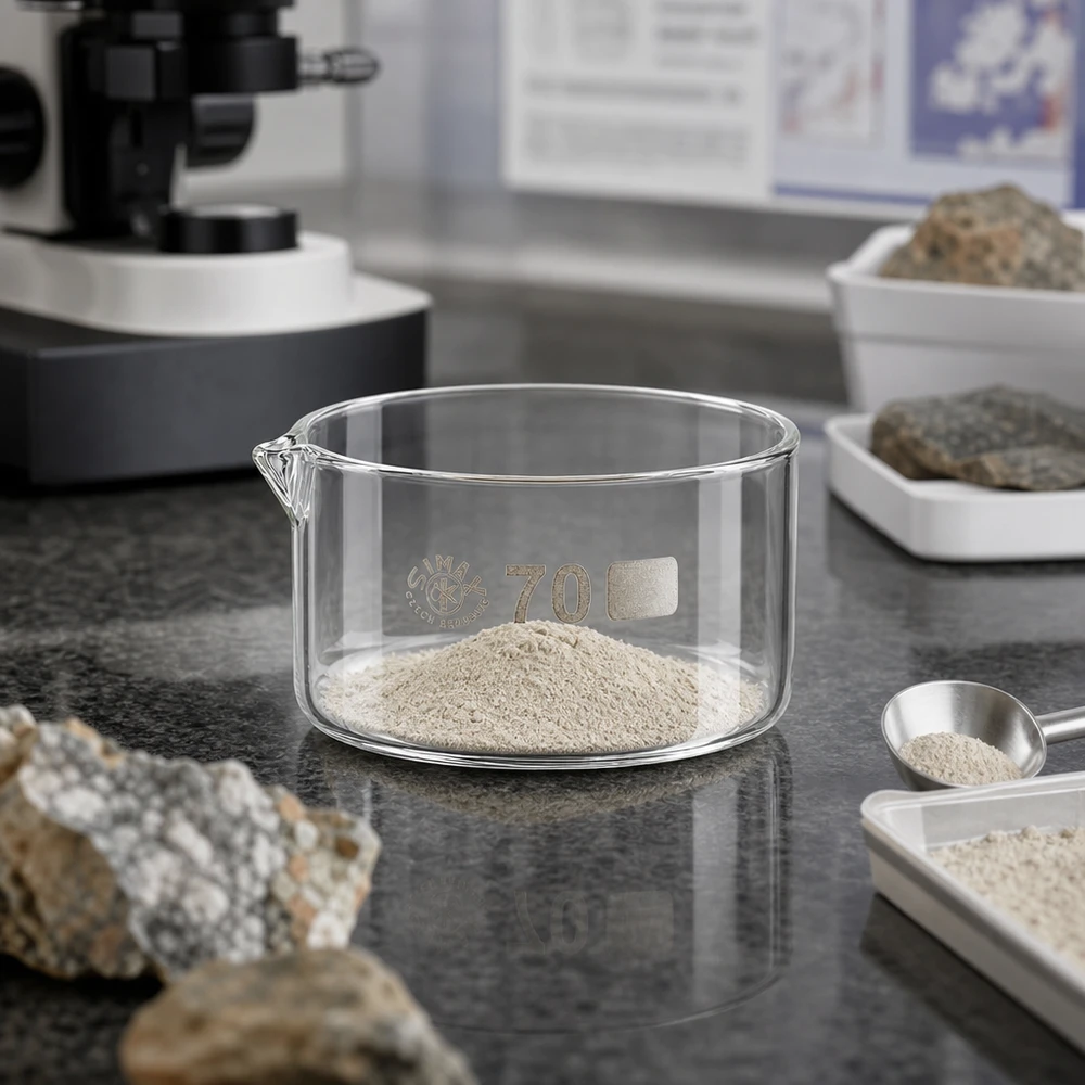 Cristalizador de 100ml con pico de borosilicato ø70mm Recipiente de cristalización de 100 ml con polvo mineral fino sobre una mesa de laboratorio gris, junto a muestras de roca
