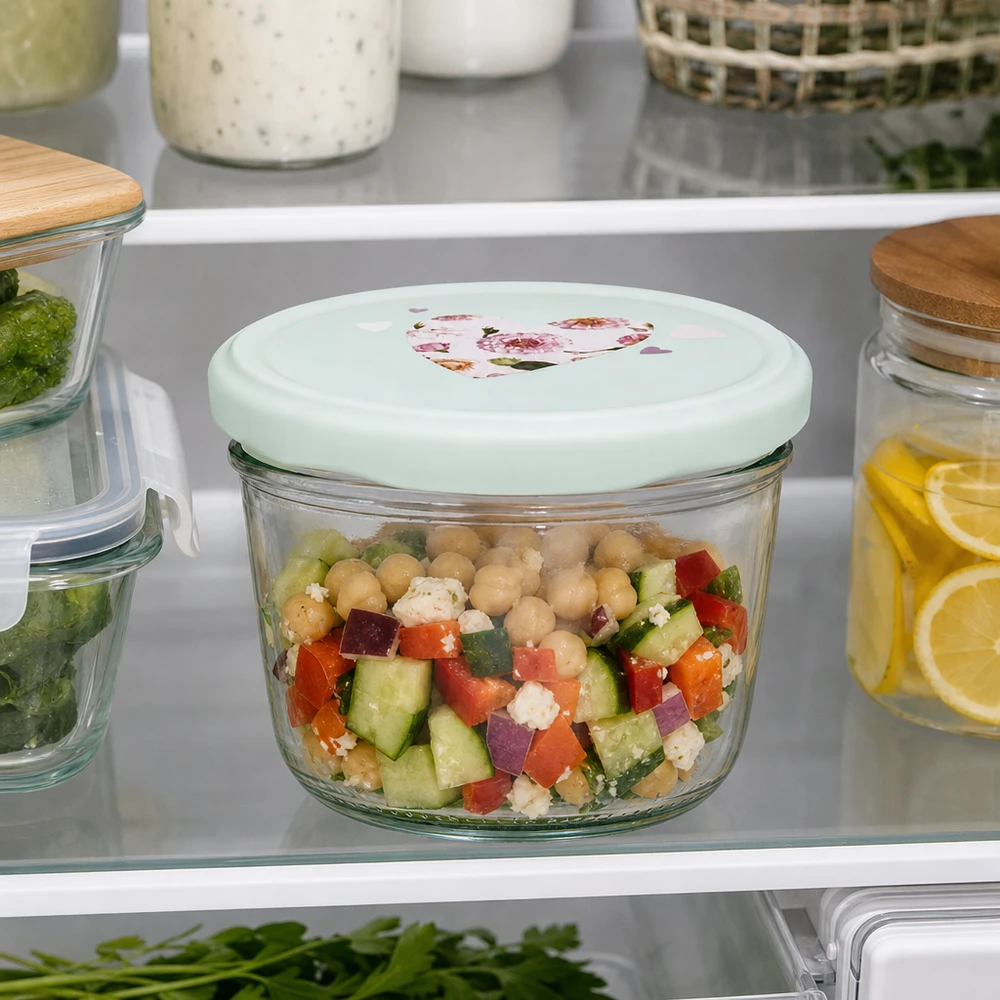 Vasos de 230 ml + tapa BasicSeal corazón menta UNiTWIST 230ml Sturzglas mit Herz-Deckel mint im Kühlschrank, Salat mit Kichererbsen frisch gelagert, praktische Meal-Prep
