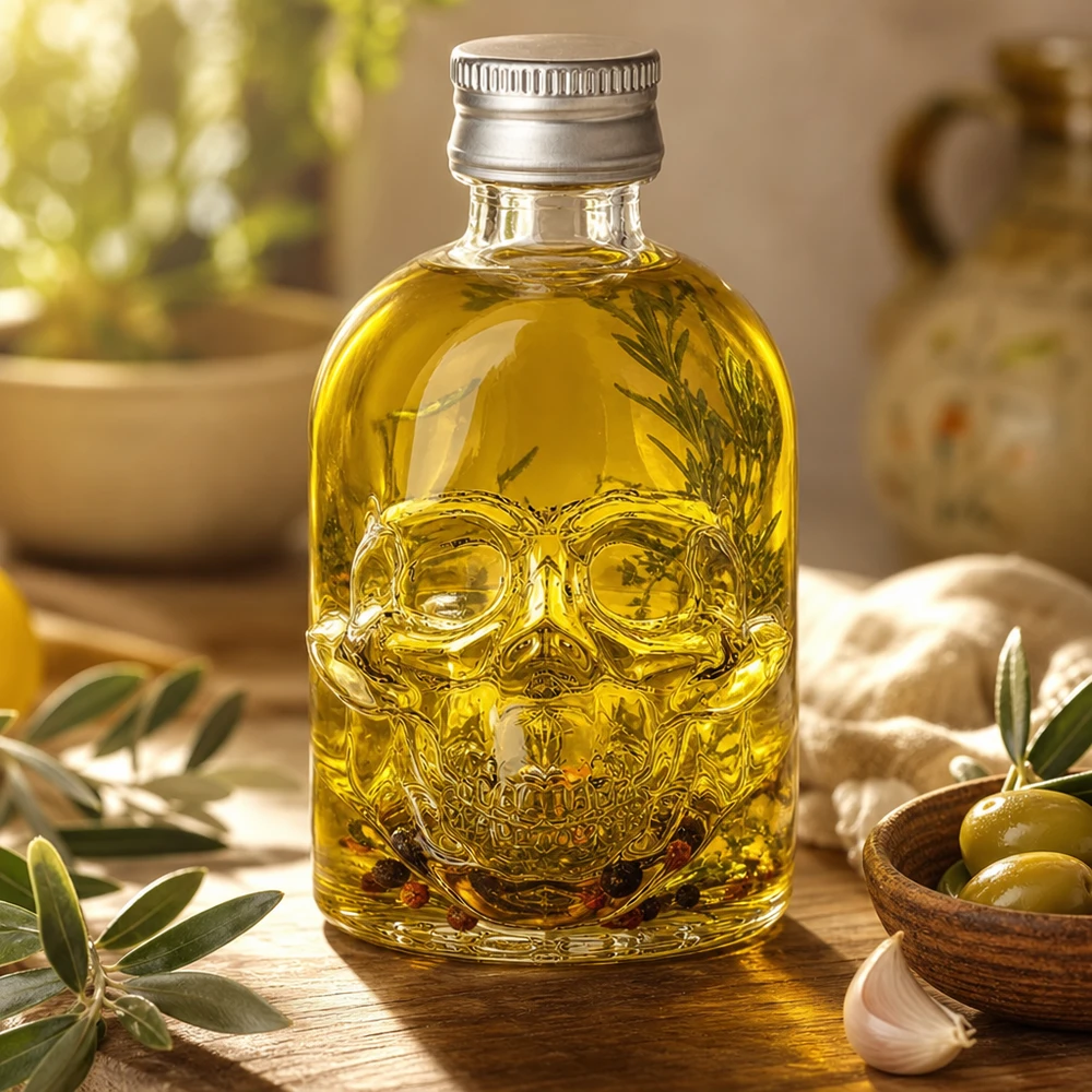 Botella de vidrio de 50 ml «Hector» y tapón de rosca plateado UNiTWIST® Botella de cristal de 50 ml de Hector rellena de aceite de oliva y hierbas junto a aceitunas y ajo en la cocina mediterránea
