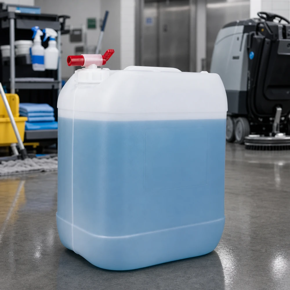 Bidón azul de 20 litros para productos de limpieza con grifo rojo sobre una base de resina epoxi