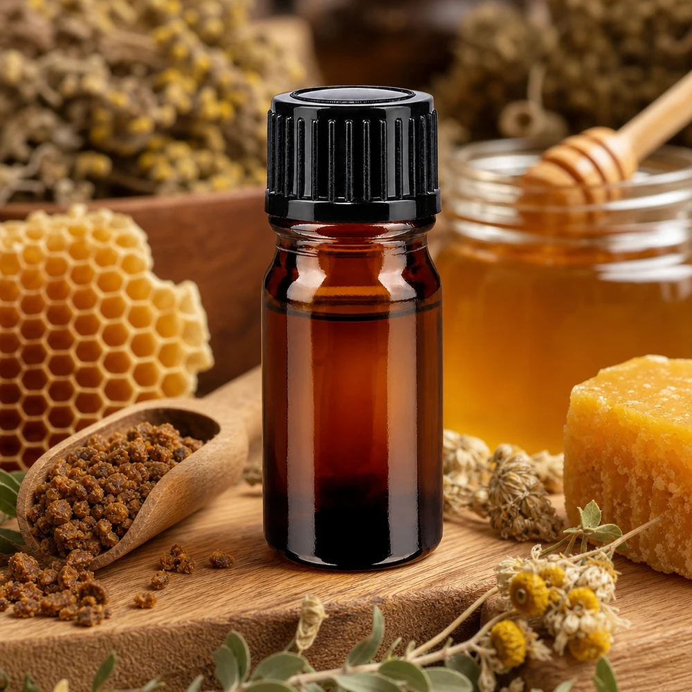 Frasco de cristal de 5 ml de color ámbar con tapón negro, entre panales de miel y cera de abeja