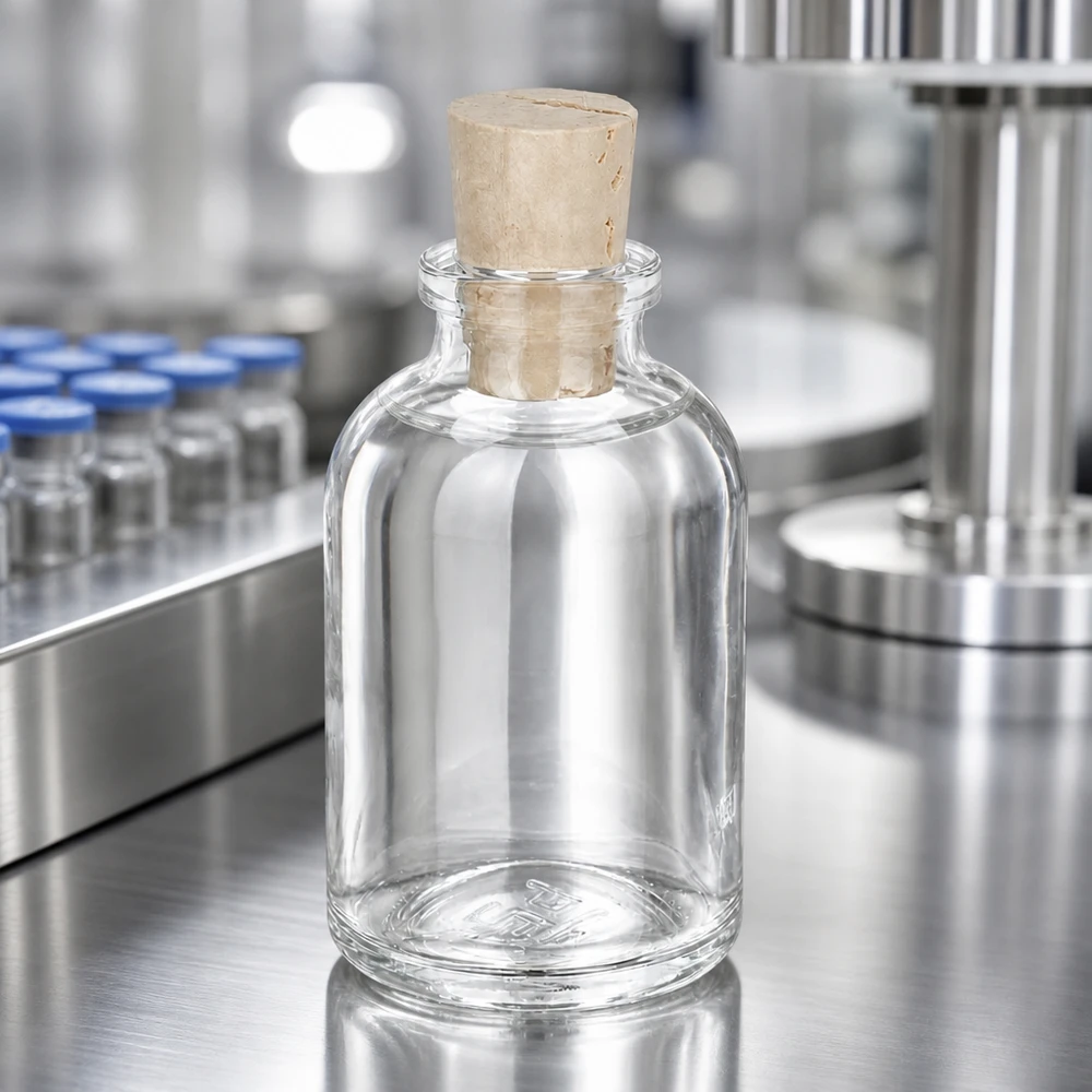 Botella de vidrio transparente 50ml con tapón 11/14mm Leere Glasflasche mit breitem Korkverschluss auf glänzender Edelstahlarbeitsplatte im Reinraum