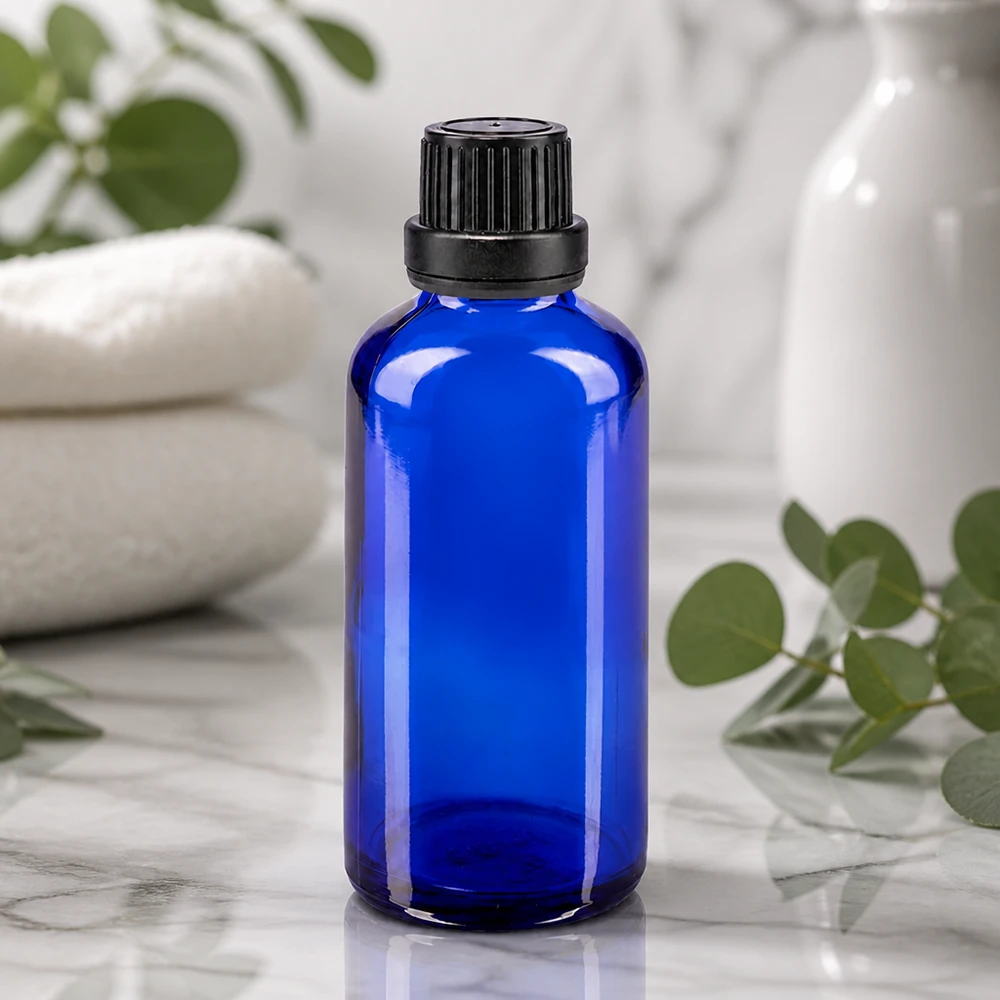 Frasco de cristal azul de 50 ml con tapón negro a prueba de niños sobre fondo de mármol blanco