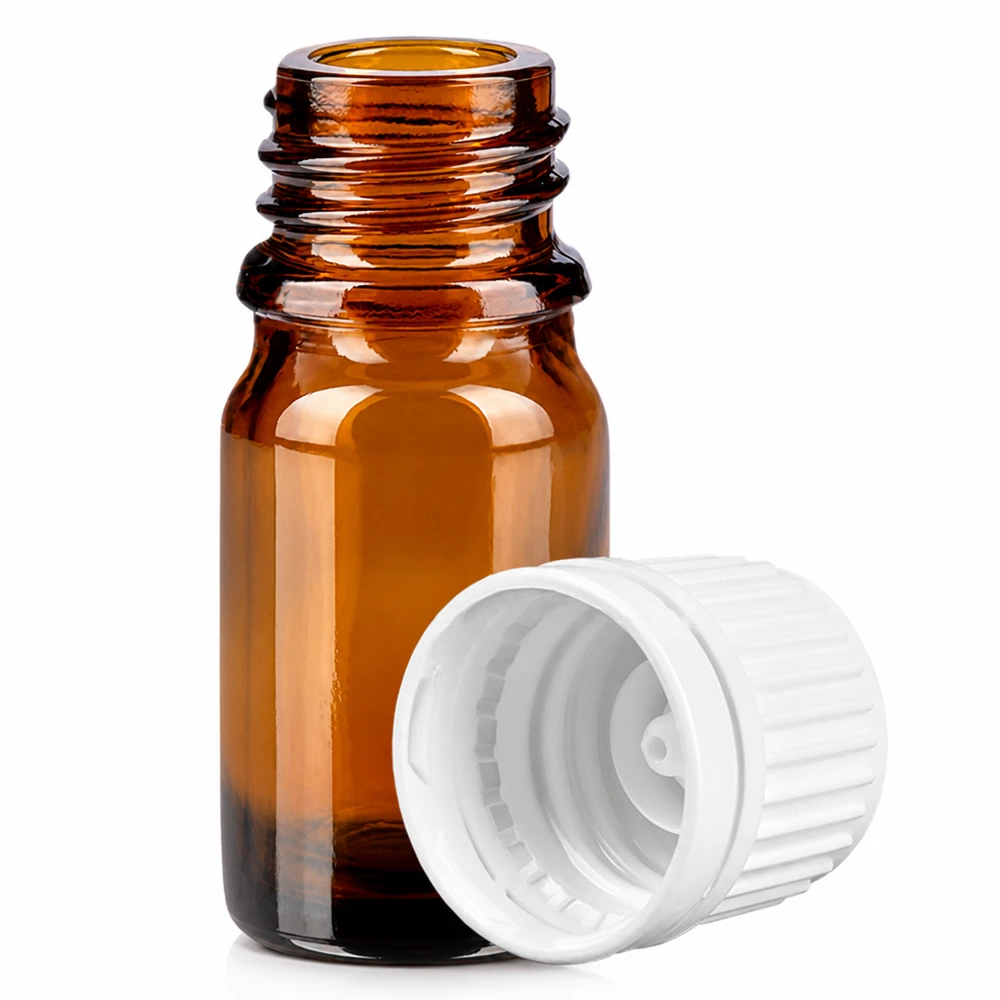 Botella 5ml tapón rosca 11mm blanco BrownLine UT18/5 Frasco de farmacia ámbar de 5 ml con cierre de seguridad para niños y tapón blanco para un almacenamiento seguro